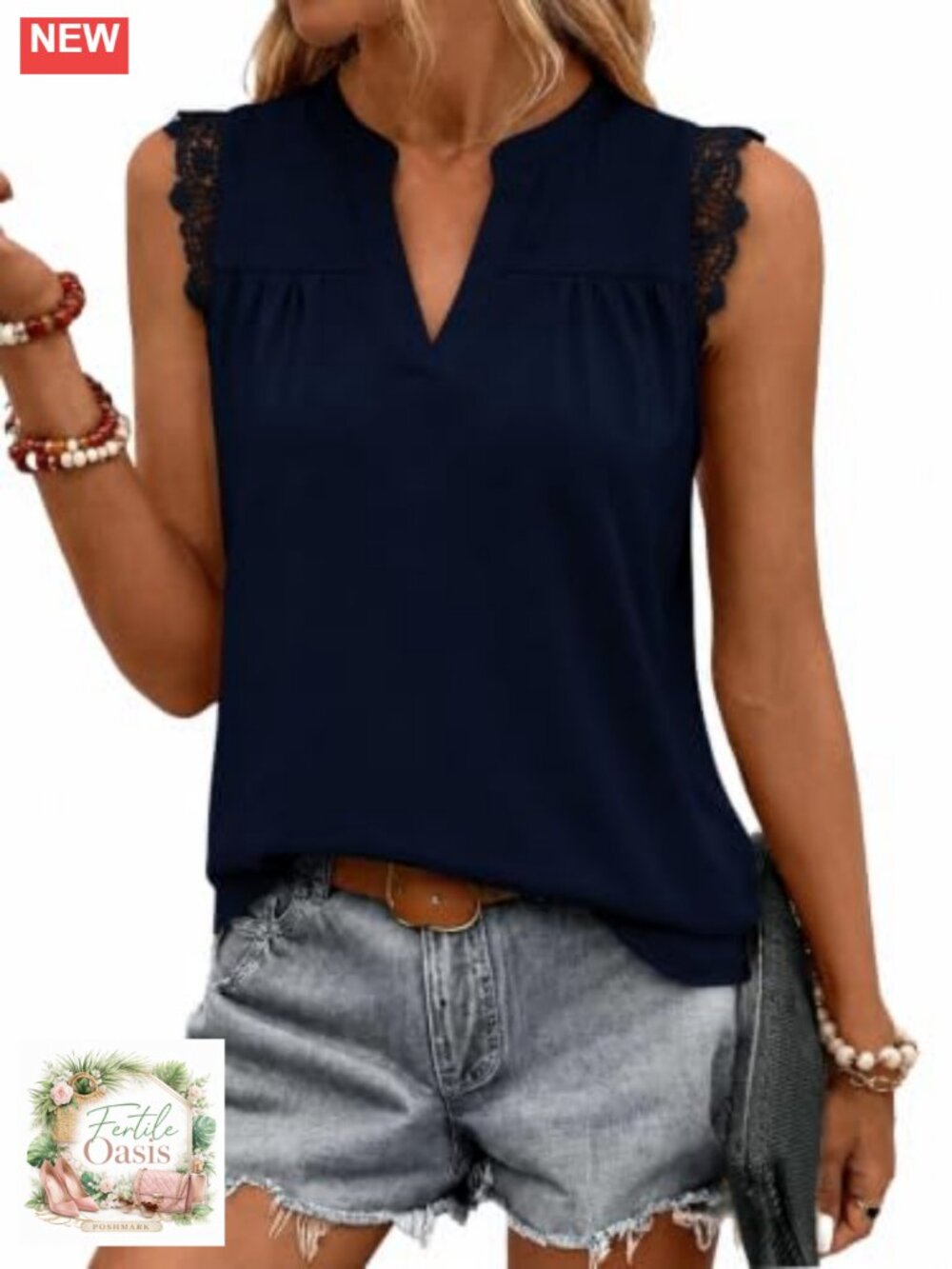 Women Sleeveless V Neck Tank Top Lace Trim Floral Boho Loose Fit Blouse